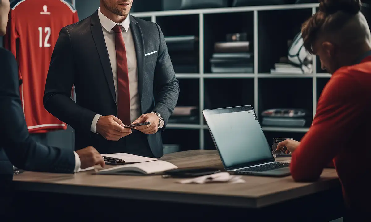 Lawyers and sports agents talk to their professional athlete client