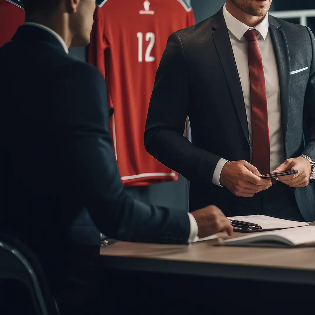A sports agent in a locker room with athlete jerseys hanging in the background