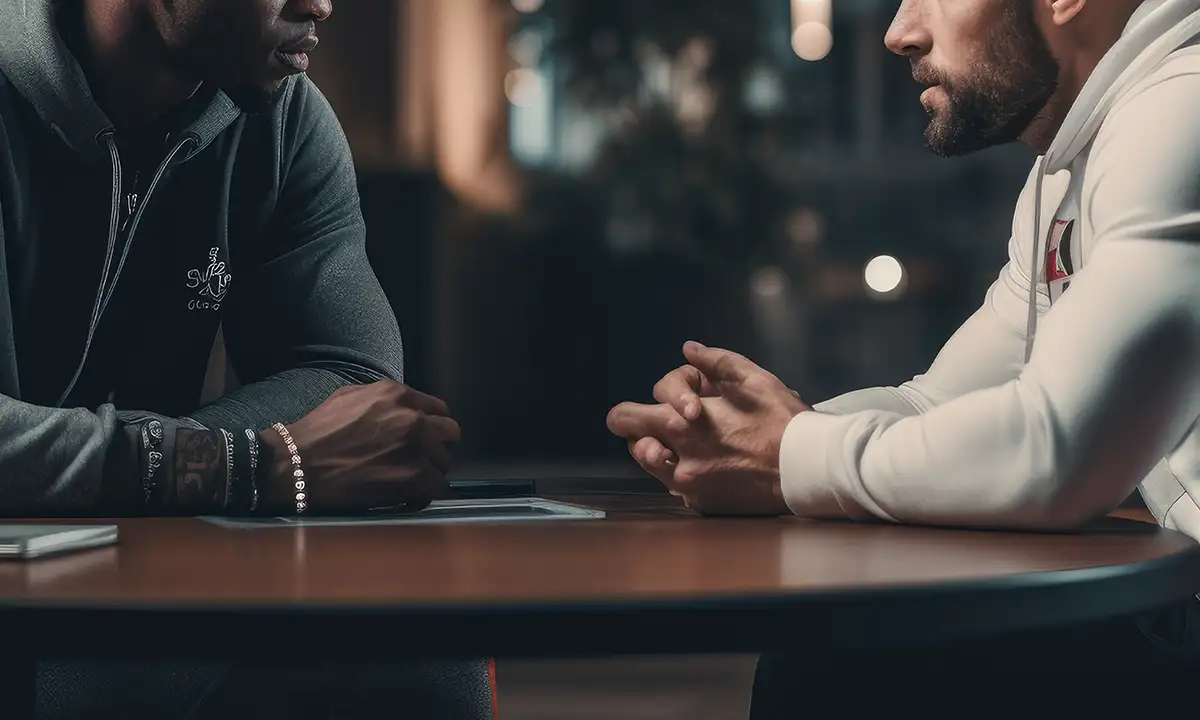 Two athletes sit at table, discussion contracts